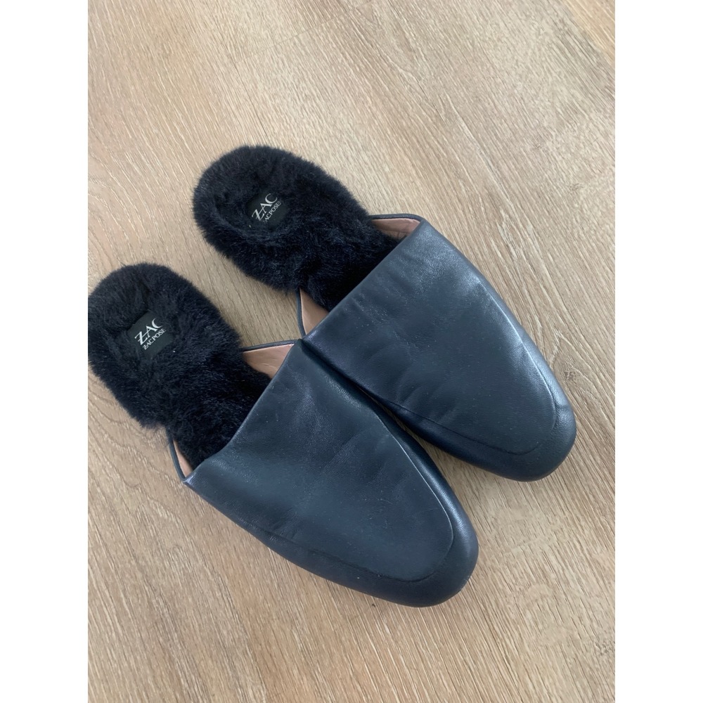 Zac Zac Posen Navy Blue Leather Faux Fur Lined Mules Flats Shoes‎ Womens 7M